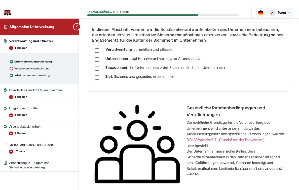 Kursansicht mit Fortschritt, Themenliste und Lerninhalt